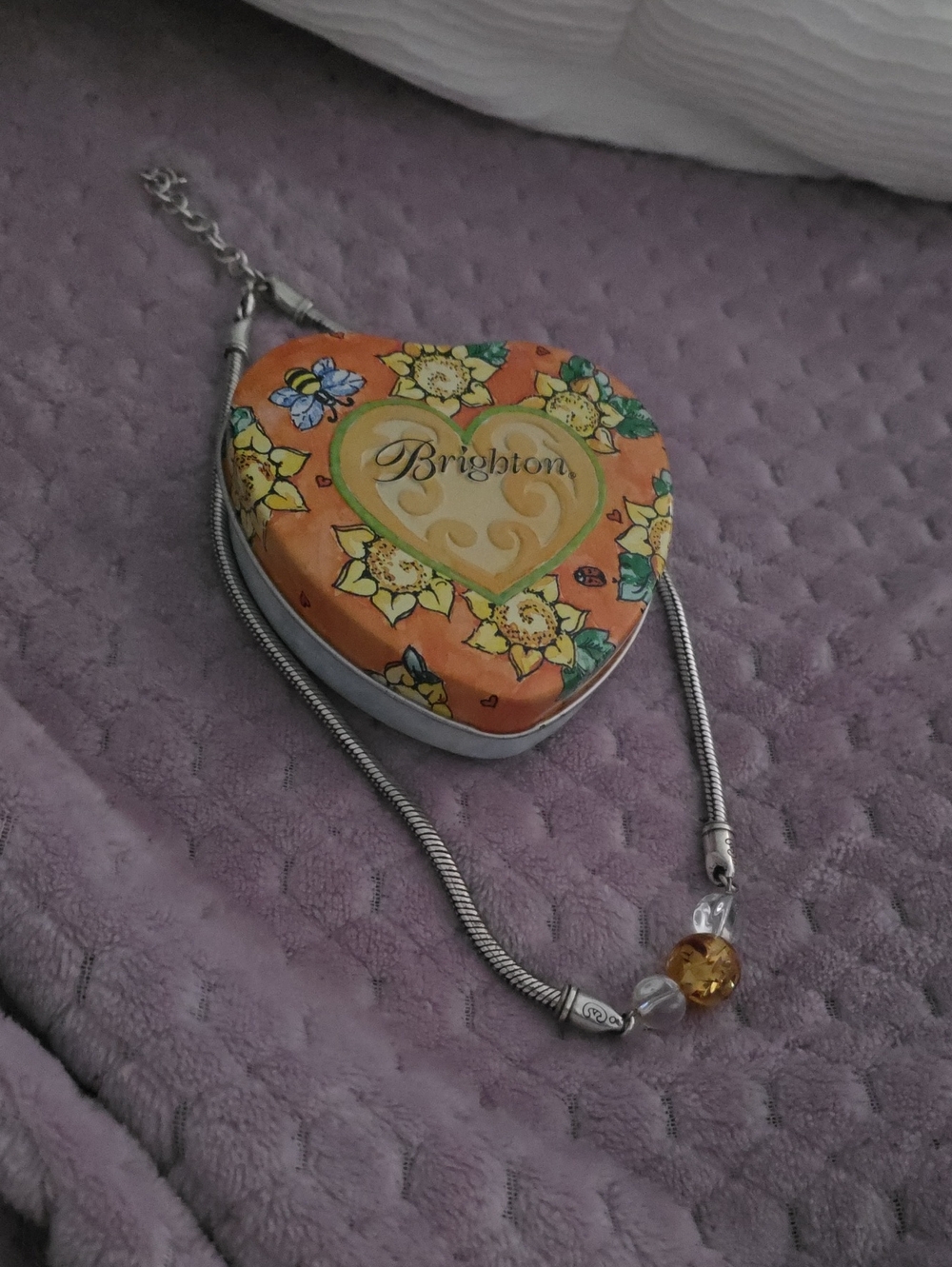 Brighton Orange Floral Heart Tin with BRIGTON VINTAGE Silver-tone Necklace.